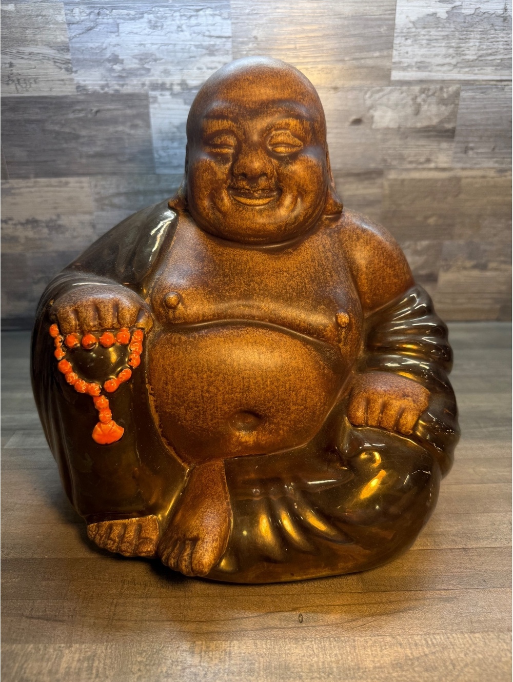Vintage Hand Painted Ceramic Laughing Buddha Figurine Brown Gold 11” (128)